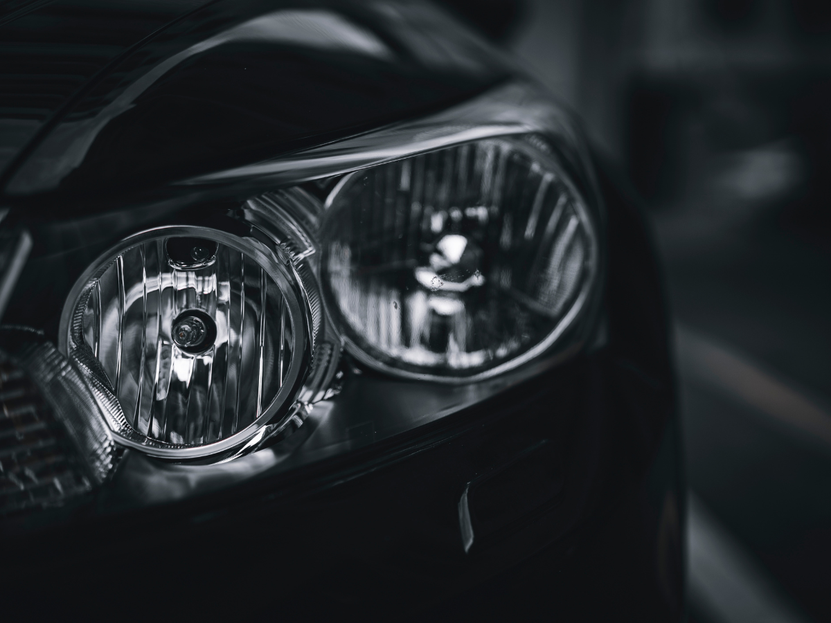 Close up view of a off headlight in dim lighting